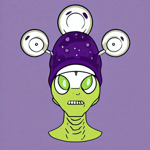 Image similar to alien with a purple wool cap an oversize t-shirt smoking a joint digital art