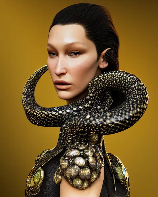 Image similar to a highly detailed metahuman 8 k close up render of bella hadid as a black snake renaissance in iris van herpen dress schiaparelli in diamonds crystals swarovski and jewelry iridescent in style of alphonse mucha gustav klimt trending on artstation made in unreal engine 4