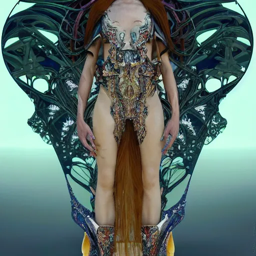 Image similar to dmt elf by zaha hadid, rick owens and alphonse mucha. highly detailed, hyper - real, very beautiful, intricate fractal details, very complex, opulent, epic, mysterious, polished, futuristic design, trending on deviantart and artstation