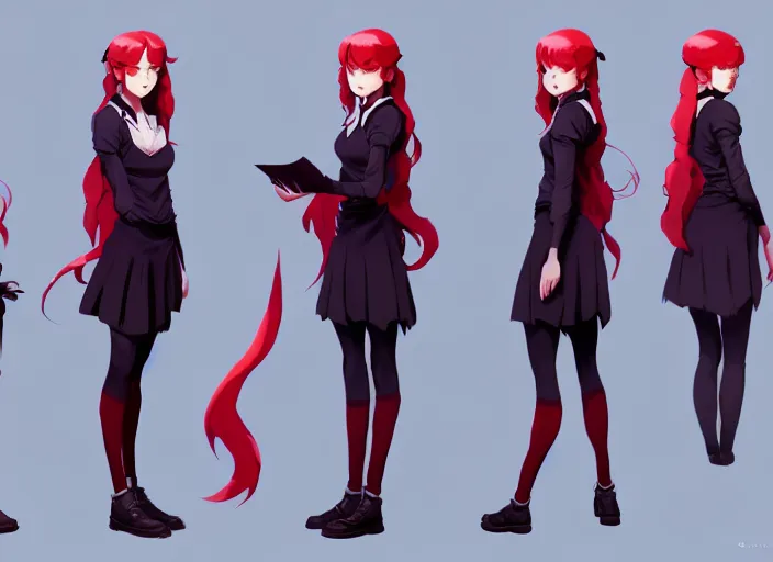 Image similar to character sheet of attractive female student witch by greg rutkowski, magic school uniform, glowing red hair color, by studio ghibli and ross tran, digital art, trending on artstation, highly detailed, concept art, beautiful, masterpiece