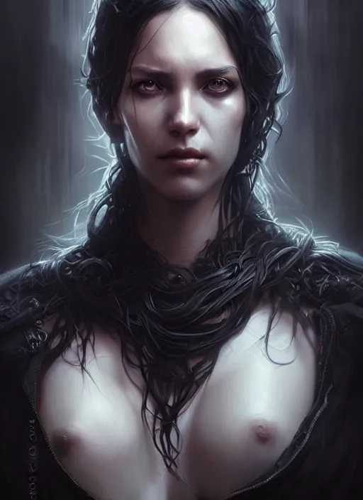 Prompt: lovely woman in distress, black shiny eyes, ultra realistic, concept art, intricate details, eerie, highly detailed, photorealistic, 8 k, unreal engine. art by artgerm and greg rutkowski and magali villeneuve