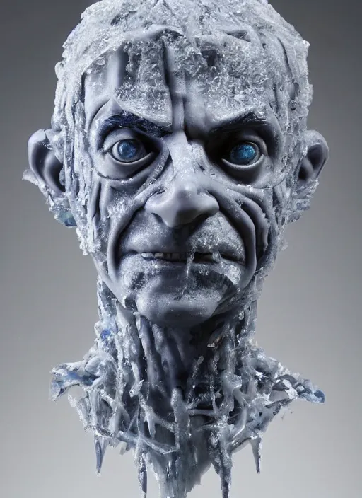 Image similar to a bust sculpture of anatomical detailed ice golem, rowan atkinson, blue blood, become human, ceramic base, orthographic, studio lighting
