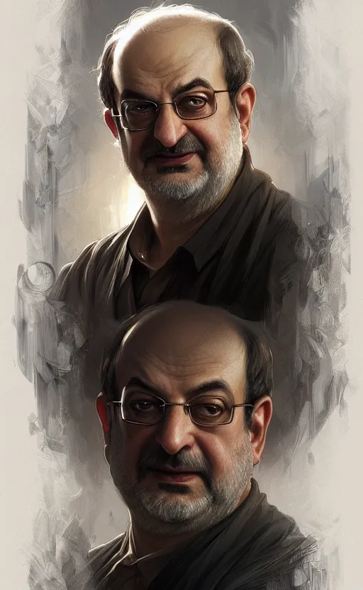 Image similar to portrait of salman rushdie, deep focus, d & d, fantasy, intricate, elegant, highly detailed, digital painting, artstation, concept art, matte, sharp focus, illustration, art by artgerm and greg rutkowski and alphonse mucha