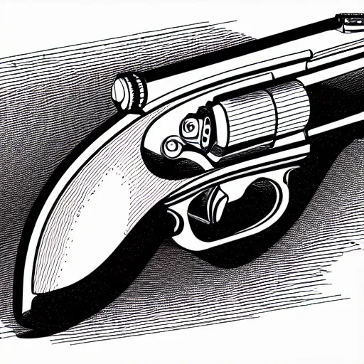 Image similar to a full page schematic diagram illustration of a revolver, ultra detailed, 4 k, intricate, encyclopedia illustration, fine inking lines