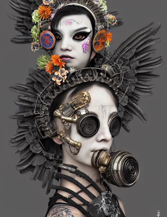 Image similar to 3 d goddess close - up profile punk portrait with vintage gas mask ram skull. beautiful intricately detailed japanese crow kitsune mask and clasical japanese kimono. betta fish, jellyfish phoenix, bio luminescent, plasma, ice, water, wind, creature, artwork by tooth wu and wlop and beeple and greg rutkowski