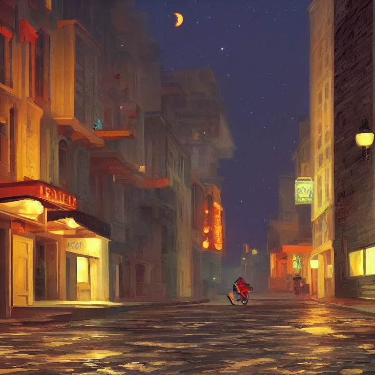 Image similar to a storybook illustration of a trash flying through empty street at night, fireflies, quiet night scene painted by Edward Hopper masterpiece, intricate, elegant, fantasy, highly detailed, digital painting, concept art, sharp focus, artstation