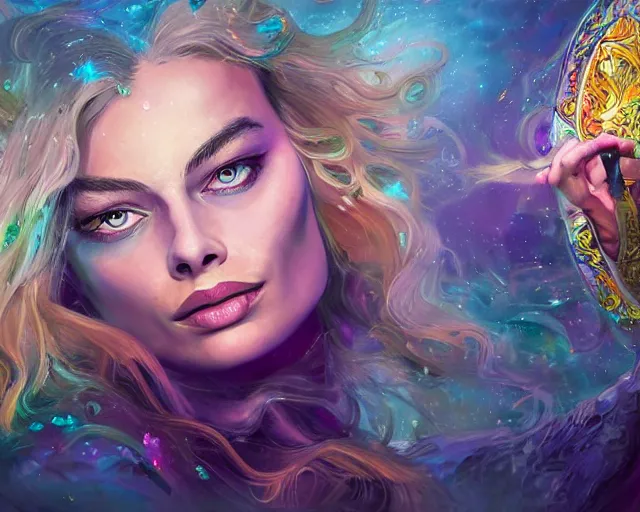 Prompt: margot robbie as a beautiful magician casting colorful spells, fantasy art, in the style of JOHN STEPHENS, illustration, epic art, fantasy, intricate, elgant, amazing detail, digital painting, artstation, concept art, smooth, sharp focus