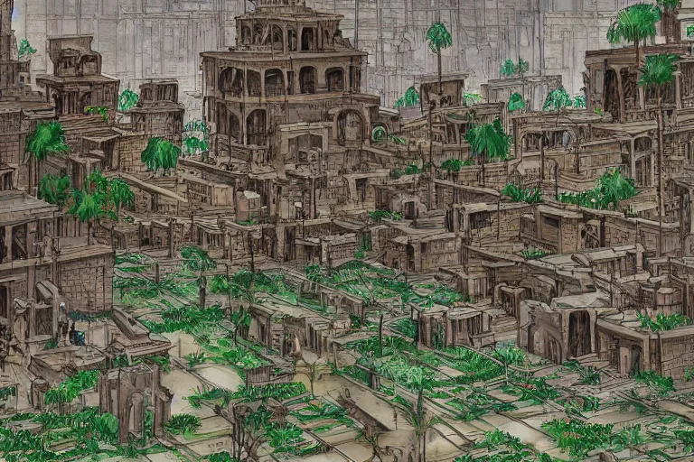 Image similar to ancient city of Babylon, hanging gardens of babylon. Robot mechas roaming the streers of ancient babylon. By mpemba nabulo, highly detailed