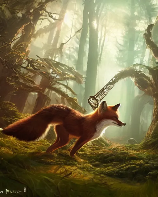 Prompt: Fox, Anthropomorphized, playing lyre in magical forest, magic the gathering artwork, D&D, fantasy, cinematic lighting, centered, symmetrical, highly detailed, digital painting, artstation, concept art, smooth, sharp focus, illustration, volumetric lighting, epic Composition, 8k, art by Akihiko Yoshida and Greg Rutkowski and Craig Mullins, heroic pose, oil painting, cgsociety