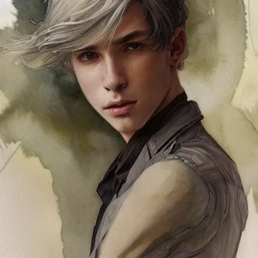 Prompt: teen boy, silver hair, shoulder - length hair, ethereal, elegant, intricate, delicate, sharp focus, highly detailed, artstation, watercolor, by artgerm and greg rutkowski and alphonse mucha