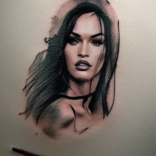 Image similar to double exposure tattoo sketch of megan fox with beautiful mountain scenery, hyper - realistic, in the style of den yakovelev, amazing detail, sharp, abstract