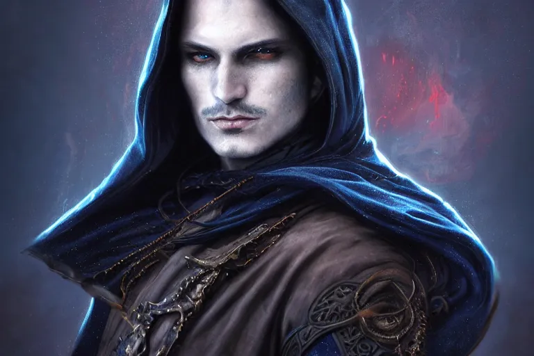Image similar to ultrarealistic male mage dark blight infected face portrait fighting, long black hair blue eyes wearing leather mantle gothic navy cloak with leather details, cave town, octane render, extreme intricate details, elegant, cinematic lighting, highly detailed, dnd fantasy character art, cgsociety, sharp focus, beautiful digital painting by artgerm, gerald brom, wlop, alphonse mucha
