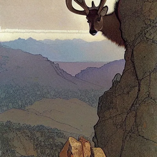 Prompt: a 4 0 0 0 foot deer that is taller than a mountain looks down on a stone age settlement by mucha and james vess