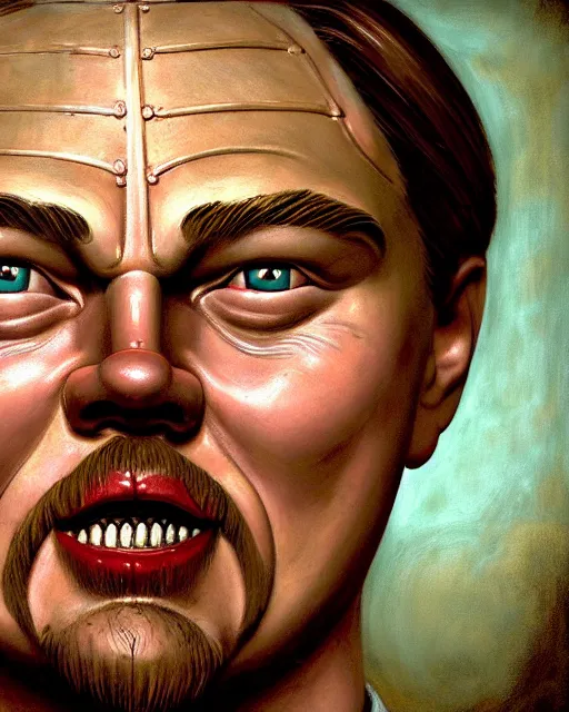 Prompt: highly detailed closeup, face profile portrait of a tin toy leonardo dicaprio as a medieval demon eating cakes in a castle, hyper realistic, artstation, illustration, nicoletta ceccoli, mark ryden, lostfish, dan decarlo, bob clampett, max fleischer, digital paint, matte paint, vivid colors, detailed and intricate environment