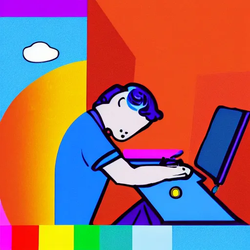 Image similar to pride artwork of man writing a poem on his computer, pride month, colorful, love, 4 k art