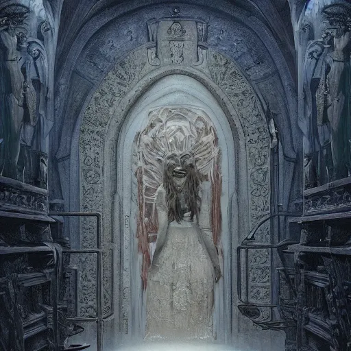 Image similar to vladimir putin maid dress, horror, macabre art mausoleum, stuning 3 d render, masterpiece, dark, by donato giancola and greg rutkowski and wayne barlow and zdzisław beksinski, realistic face