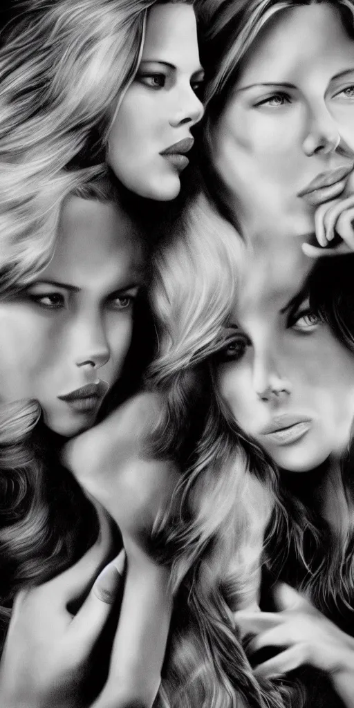 Image similar to shy scarlett johansonn and kate beckinsale poster, grayscale, uniform, photo realistic