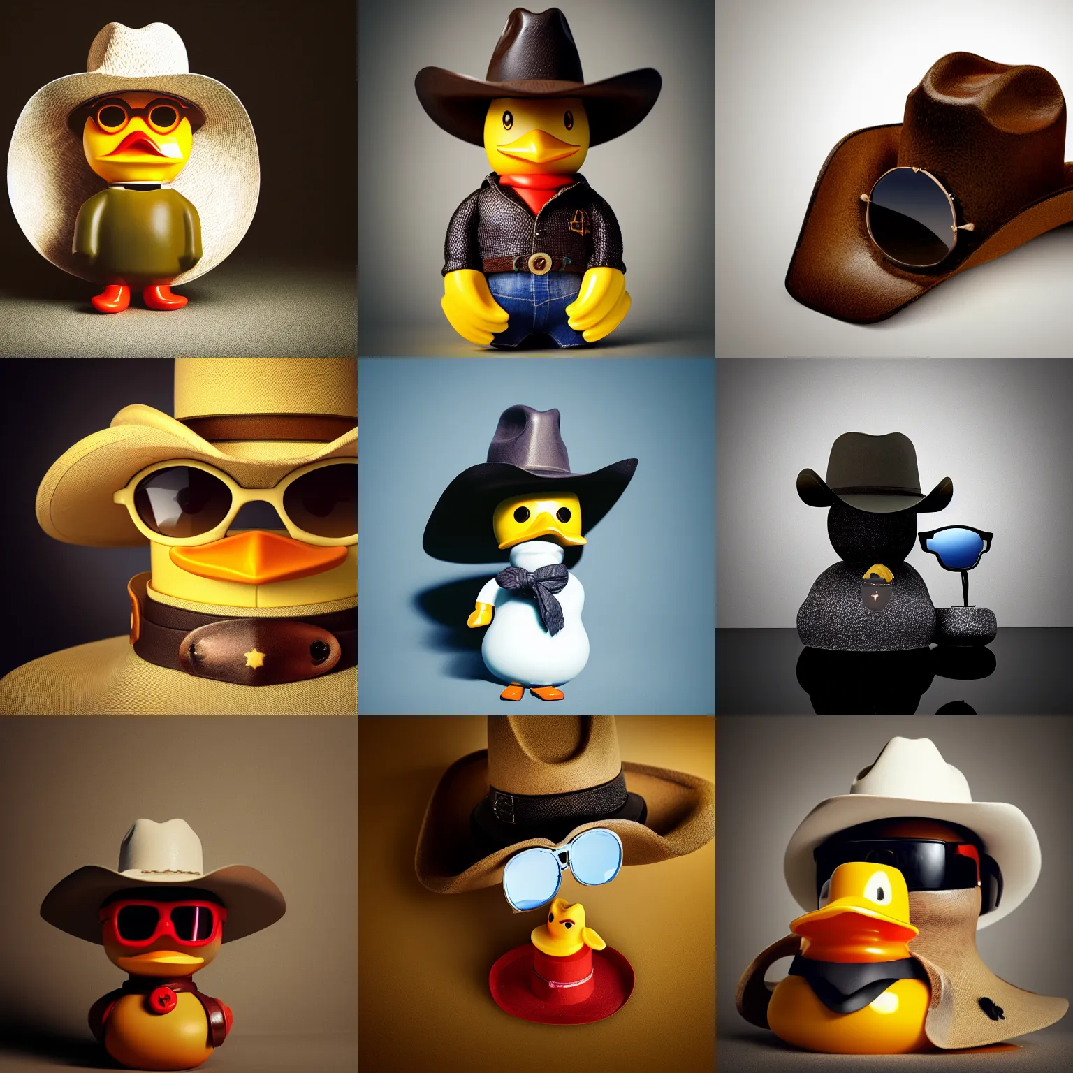 Prompt: cowboy rubber duck dressed in a cowboy hat and sunglasses, studio photography, higly detailed, studio lighting, clear photo, professional, award - winning cowboy rubber duck, octane render, cinematic, smooth photo, pinhole photo