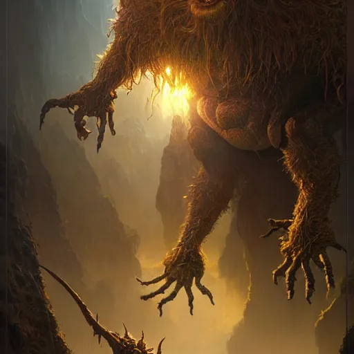 Image similar to a hyperrealistic illustration of a mix of an oger and giant and goblin, 8 k ultra realistic creature, detailed intricate, with fractal sunlight, award - winning, masterpiece, in the style of tom bagshaw, cedric peyravernay, peter mohrbacher