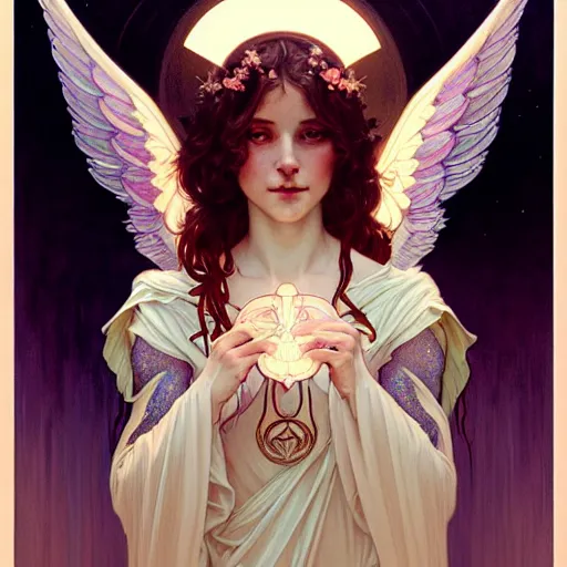 Image similar to Portrait of an angel girl with glowing halo and highly detailed intricate wings, art nouveau, fantasy, intricate, elegant, highly detailed, digital painting, artstation, concept art, smooth, sharp focus, illustration, art by Krenz Cushart and Artem Demura and alphonse mucha