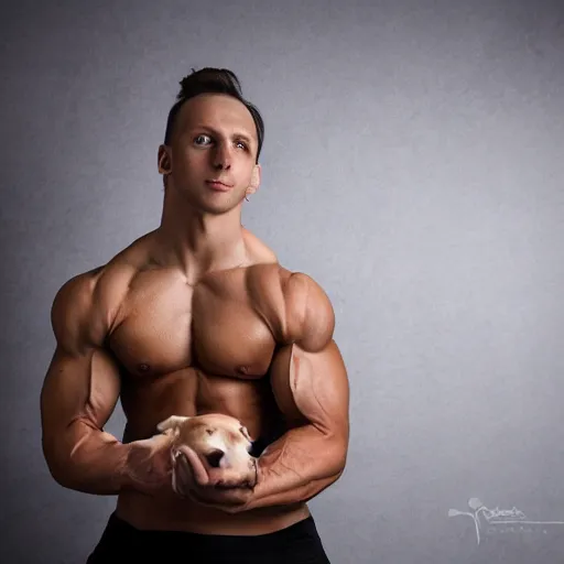 Prompt: dachshund flexing biceps, photography, studio lighting