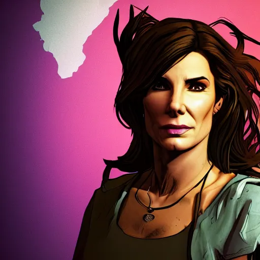 Image similar to sandra bullock portrait, borderlands, tales from the borderlands, the wolf among us, comic, cinematic lighting, studio quality, 8 k