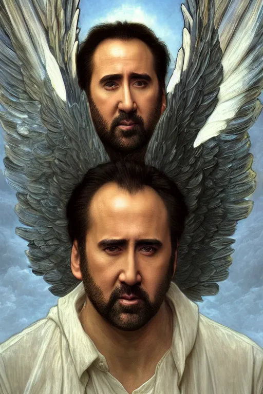 Prompt: Portrait of Nicolas Cage with angelic wings with multiple eyes on them, cinematic lighting, intricate, elegant, highly detailed, digital painting, artstation, smooth, sharp focus, illustration, art by artgerm and greg rutkowski and alphonse mucha and Wayne Barlowe and william-adolphe bouguereau