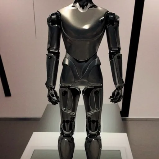 Image similar to “a realistic detailed photo of a guy who is an attractive humanoid who is half robot and half humanoid, who is a male android, actor Grant Gustin, shiny skin, posing like a statue, blank stare, at the museum, on display”