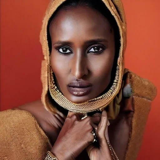 Image similar to somali model, waris dirie, warsan shire, beautiful, somali attire, vintage, intricate