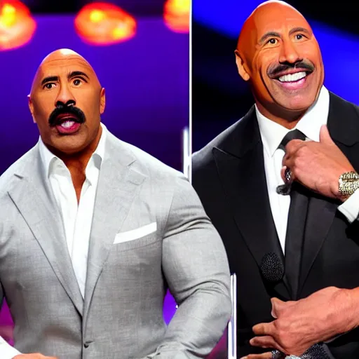 Image similar to Steve Harvey and Dwayne the Rock Johnson crying over a burnt potato