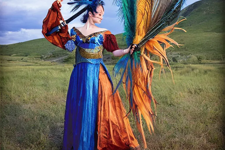 Prompt: valmont sword fighting, beautiful costume, peacock feathers sunset scene from film