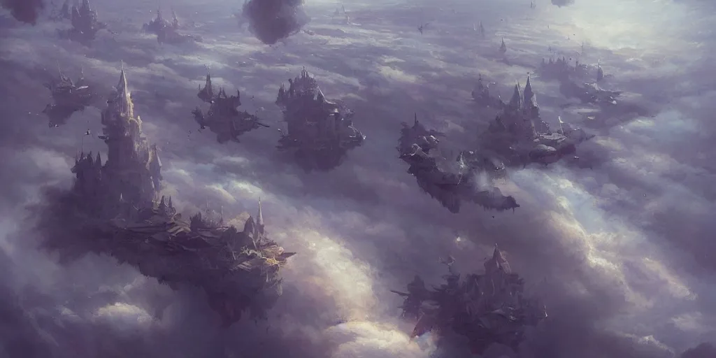 Prompt: aerial view floating castles in the sky. flying ships. cloud wall in the background, art by greg rutkowski and magali villeneuve, d & d, fantasy, highly detailed, digital painting, trending on artstation, concept art, sharp focus, illustration