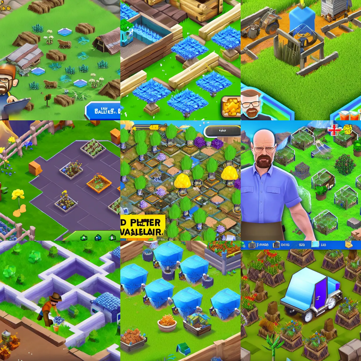 Prompt: walter white planting blue crystal crops in hay day mobile farming game by supercell