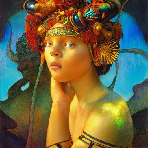 Image similar to child of the lost city of the sun, by Annie Swynnerton and Diego Rivera and Tino Rodriguez and Maxfield Parrish, elaborate headdress, iridescent beetles, rich color, dramatic cinematic lighting, extremely detailed