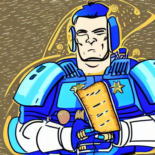 Image similar to digital artwork, cartoony, cell shading, futuristic space marine in heavy blue armor trying unsuccessfully to eat a large sub sandwich full of meat, cheese, and lettuce