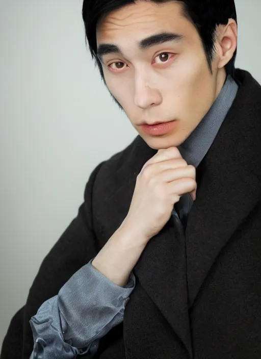 Image similar to portrait by yoji shinakawa, handsome male vampire, focus on face, pretty, long black hair, dark blue shirt, light brown coat