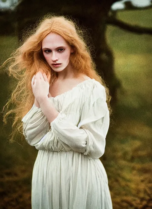 Image similar to cinestill 5 0 d photo of a pre - raphaelite blond beautiful woman, dreamy mood, fine art photography in style of gilles zimmermann, 1 5 0 mm, f 1. 2, emotionally evoking, head in focus, stormy rainy clouds outdoor, matt colour background, volumetric lighting, hyper realistic, ultra detailed