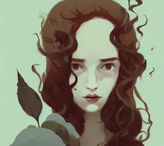 Image similar to portrait woman with long ginger curly hair in the woods, by atey ghailan, by greg rutkowski, by greg tocchini, by james gilleard, by joe fenton, by kaethe butcher, by ashley wood, dynamic lighting, gradient light blue, brown, blonde cream and white color scheme, grunge aesthetic