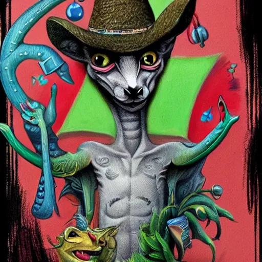 Prompt: a dik dik monster with tattoos, wearing a fedora, tattoos, colorful, digital art, fantasy, magic, trending on artstation, ultra detailed, professional illustration by basil gogos