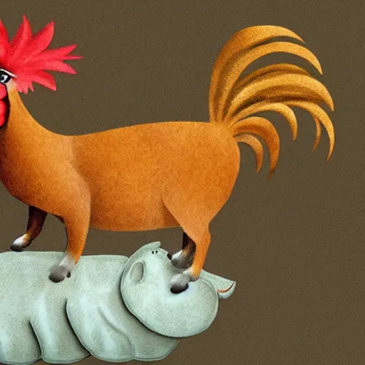 Prompt: a rooster on top of a cat on top of a dog on top of a donkey