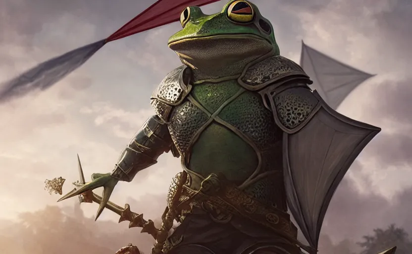 Image similar to a frog knight, holding up a large kite shield, battle armor, atmospheric lighting painted intricate volumetric lighting, beautiful, sharp focus, ultra detailed by leesha hannigan, ross tran, thierry doizon, kai carpenter, ignacio fernandez rios