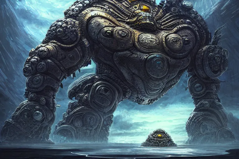 Prompt: highly detailed elden ring portrait photo of a huge golurk. a massive spaceship in a scenic megalophobic dystopian environment in the background, hyperrealistic illustration by william didier - pouget