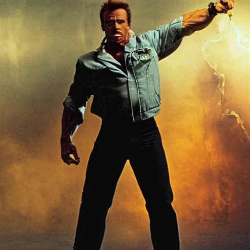 Prompt: A realistic photograph of Arnold Schwarzenegger as terminator riding a skateboard smoking cigar, gloomy, action, ambient lighting,