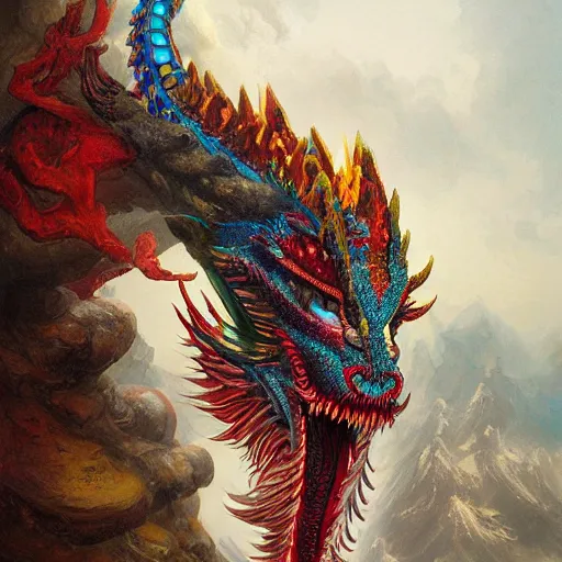 Image similar to artstation concept of a chinese dragon breathing visably, bright colorful, hyperdetailed, artstation trending, world renowned artists, worth 1 0 0 0. com, historic artworks society, antique renewel, cgsociety, by greg rutkowski, by gustave dore, deviantart