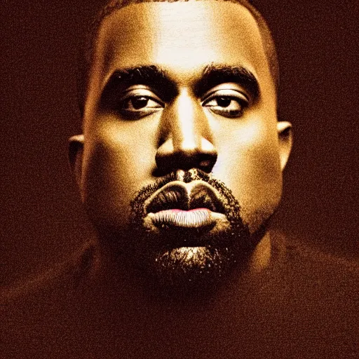 Image similar to a chiaroscuro lighting portrait of kanye west, black background, close up portrait, shallow depth of field, 8 0 mm, f 1. 8