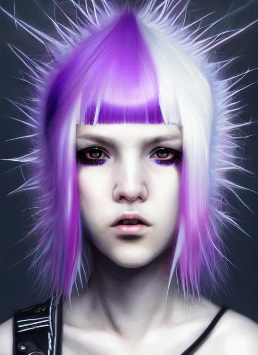 Image similar to hair whitebangs hair, black cyberlox, portrait of normal teenage girl, white bangs, messy bangs, fluffy bangs, cyberlox, whitebangs, red irises, purple background, intricate, elegant, highly detailed, digital painting, artstation, concept art, sharp focus, smooth, illustration, art by wlop, mars ravelo and greg rutkowski