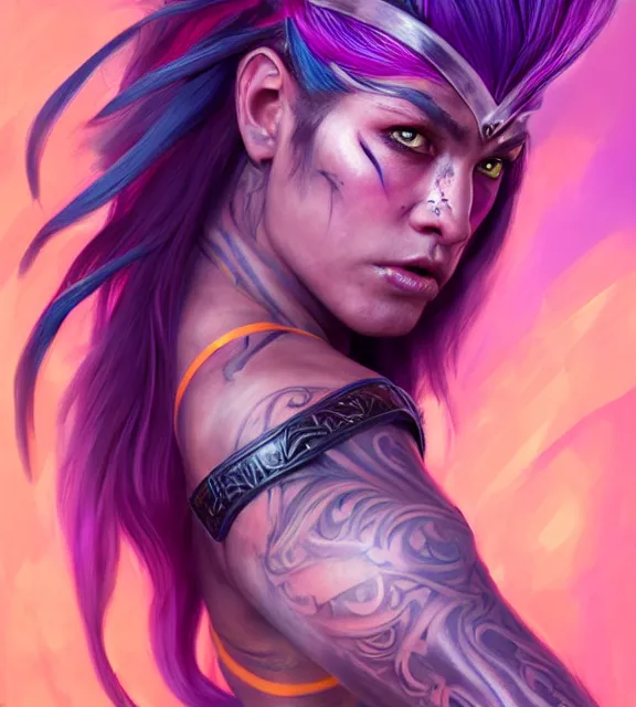 Prompt: muscular female warrior holding knife hilt, perfect face, diadem, detailed neon tattoos, neon bikini armor, purple flowing hair, abs, cinematic, blush, stunning, athletic, strong, agile, highly detailed, psychedelic, digital painting, artstation, smooth, hard focus, rim lighting, back lighting, illustration, art by jessica rossier and and brian froud