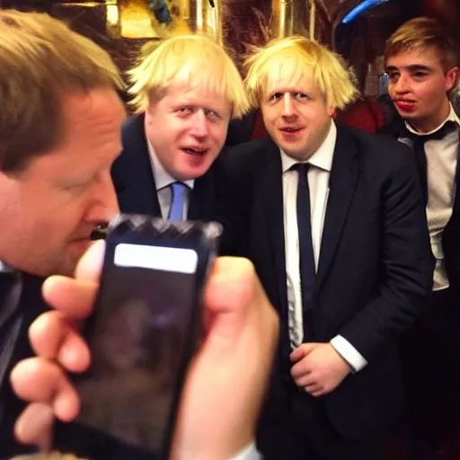 Prompt: boris johnson taking selfies in a nightclub