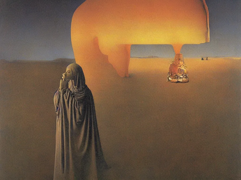 Prompt: It rains with the seed of the faithful. The holy glowing rock of transhumanism in the lithium desert. Portrait of the lotus-eater. Painting by Jan van Eyck, Rene Magritte, Jean Delville, Max Ernst, Beksinski