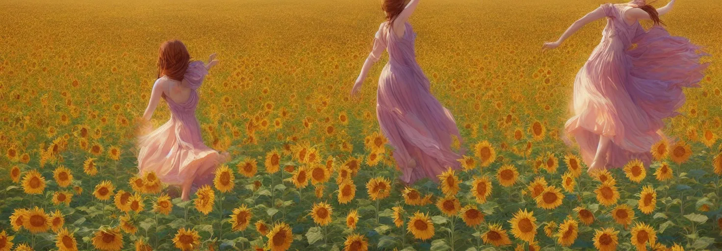 Image similar to beautiful young girl dancing in a fiery dress in a beautiful field of sunflowers and lilies, high detail, very realistic, by greg rutkowski, by james gurney ultra clear detailed, digital painting by ( ( makoto shinkai ) ), moebius moebius, surrealism, trending on artstation